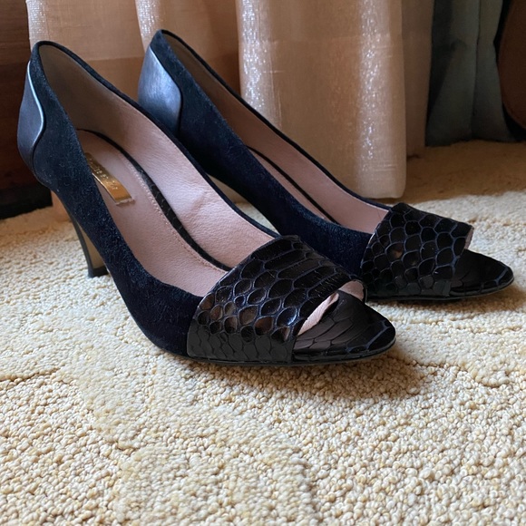 Louise et cie black leather and suede peep toe heels women shoes size 9.5 cute!! - Picture 3 of 11